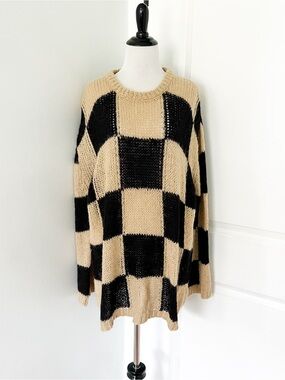 The Open Product Oversized Checkerboard Crewneck Sweater in Beige and Black